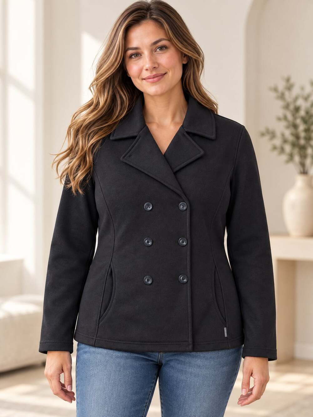 Eddie Bauer Sweater Fleece Pea Coat Black Double Breasted Women’s 2XL